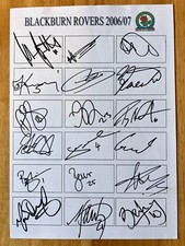 Hand Signed A4 Team Sheet - Blackburn Rovers FC 2006/07 season - 18 signatures