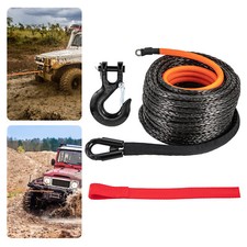 3/8" x 28m Winch Rope Synthetic Line Recovery Cable Black with Hook 4WD ATV SUV