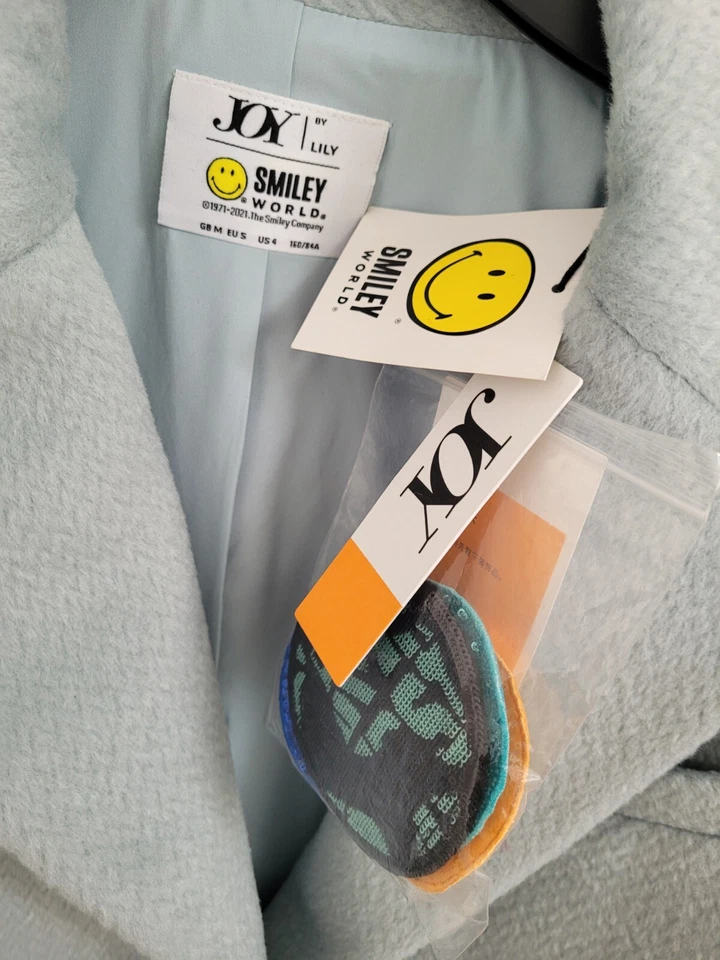 New Joy by Lily x Smiley World Egg Duck Blue Wool Blend Badge Blazer Jacket Coat - Image 3 of 4