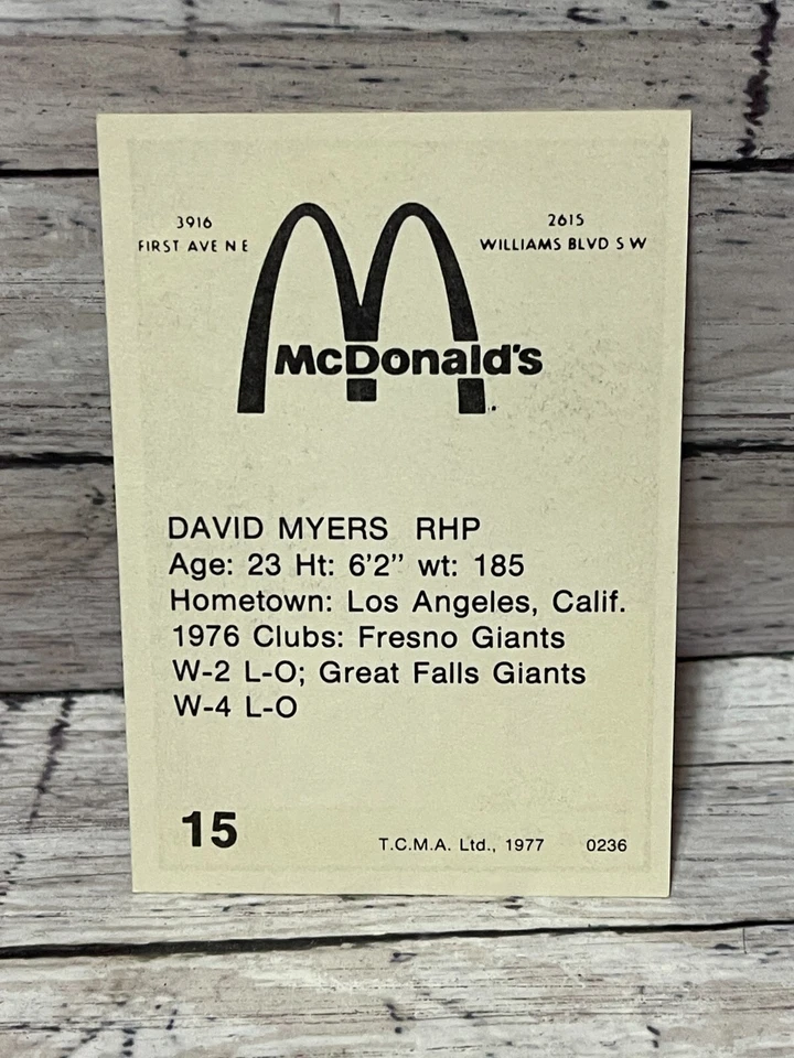 1977 Cedar Rapids Giants TCMA #15 Dave Myers - Image 2 of 2