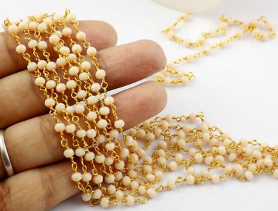 10 Feet Peach Moonstone Chalcedony 3-4mm Hydro Faceted Wire Beaded Rosary Chain