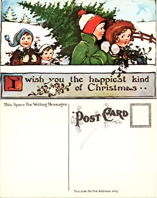 Children and Pine Tree Happiest Kind of Christmas Postcard