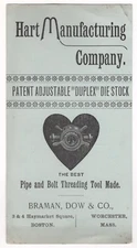 1890s HART MFG CO DUPLEX DIE STOCK THREADING TOOL BRAMAN DOW TRADE CARD BOSTON