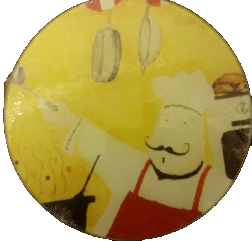 Round Glass Cutting Board / Trivet, app. 8", FAT CHEF WITH A SPOON ON YELLOW, GR - Image 2 of 4