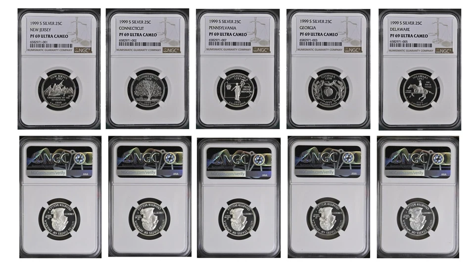 Набор серебряных монет 25 центов 1999 S с изображением государственности пруф - NGC PF 69 Ultra Cameo 5 монет КОРОБКА 2