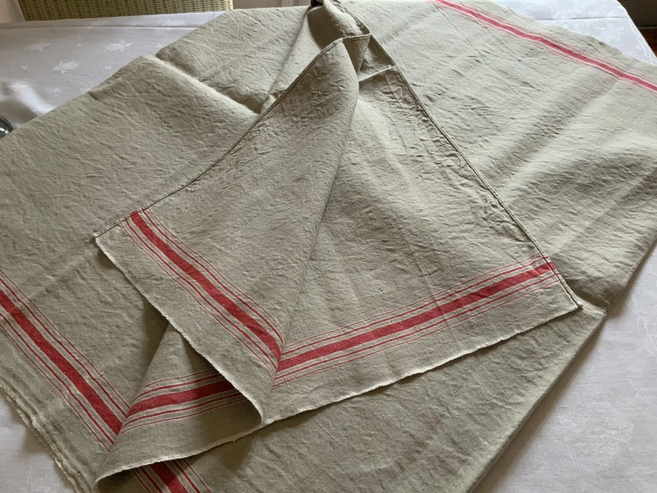 linge ancien Métrage De Tissu En Lin Bi Et Ligne Rouge Neuf Très Ancien - Photo 4/4