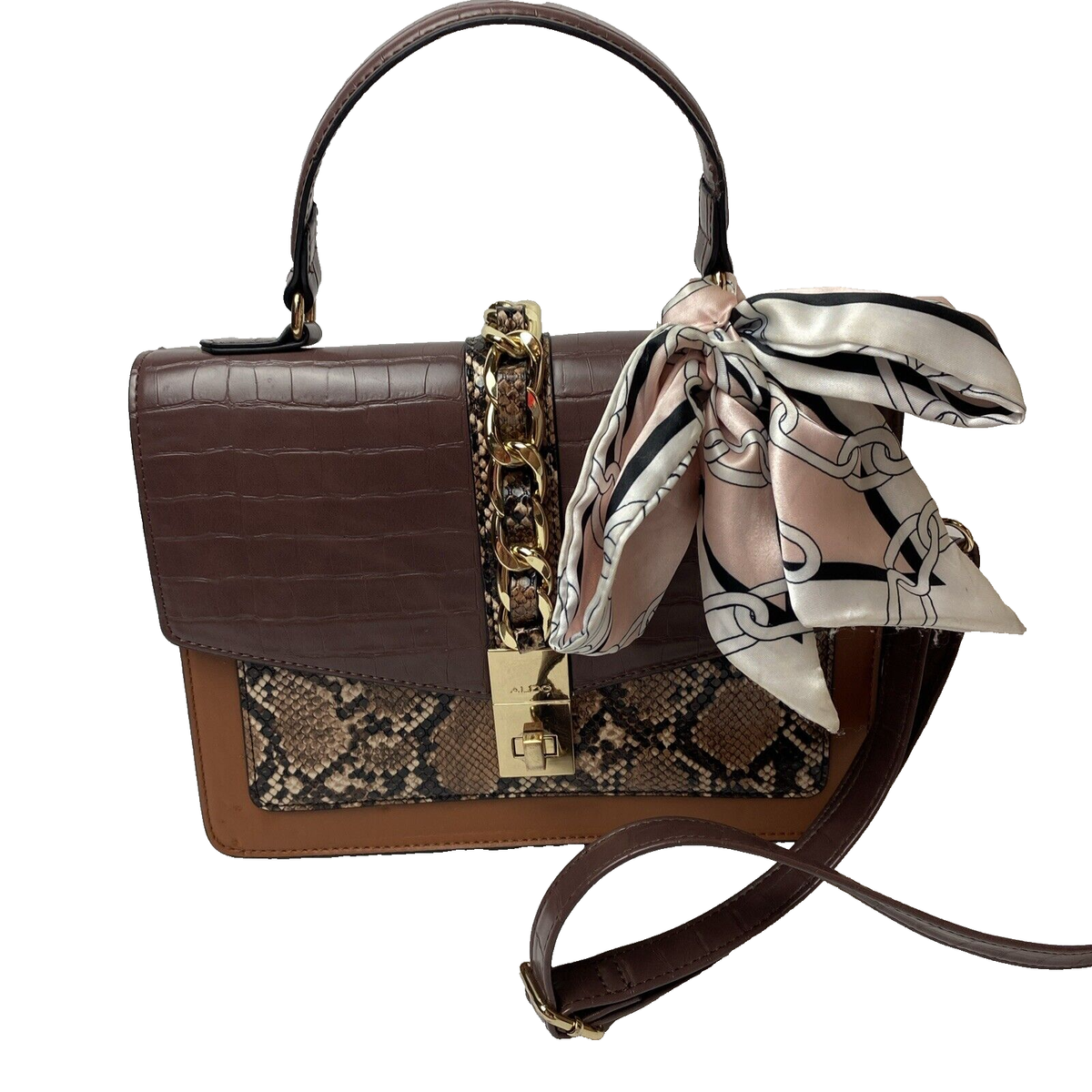 ALDO Cailla Top Handle Brown Color Block Shoulder Bag With Scarf