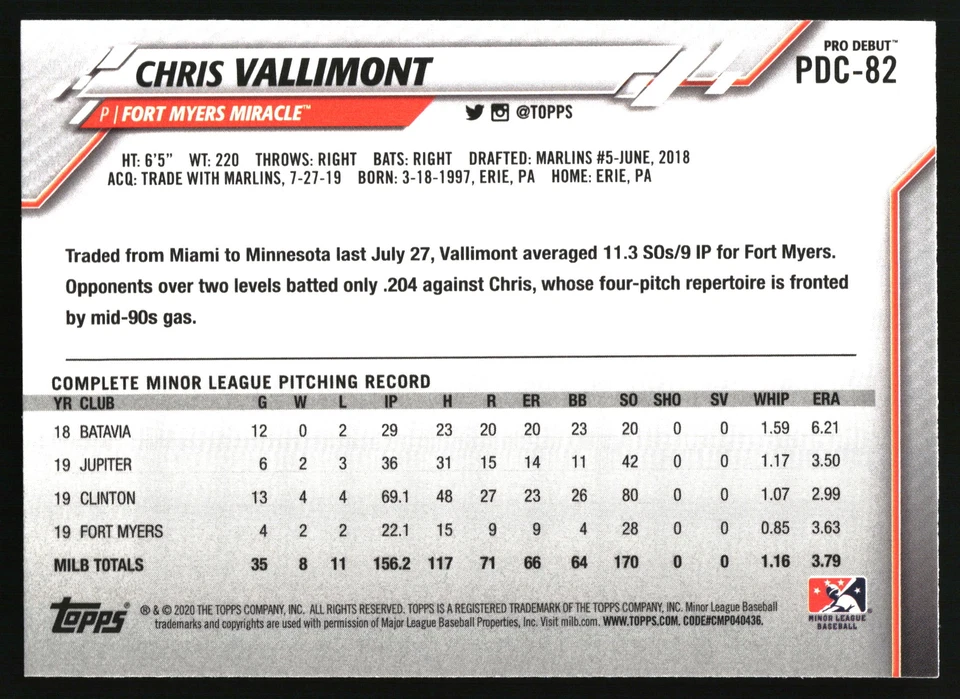 2020 Topps Pro Debut #PDC-82 Chris Vallimont Chrome Fort Myers Miracle - Image 2 of 2