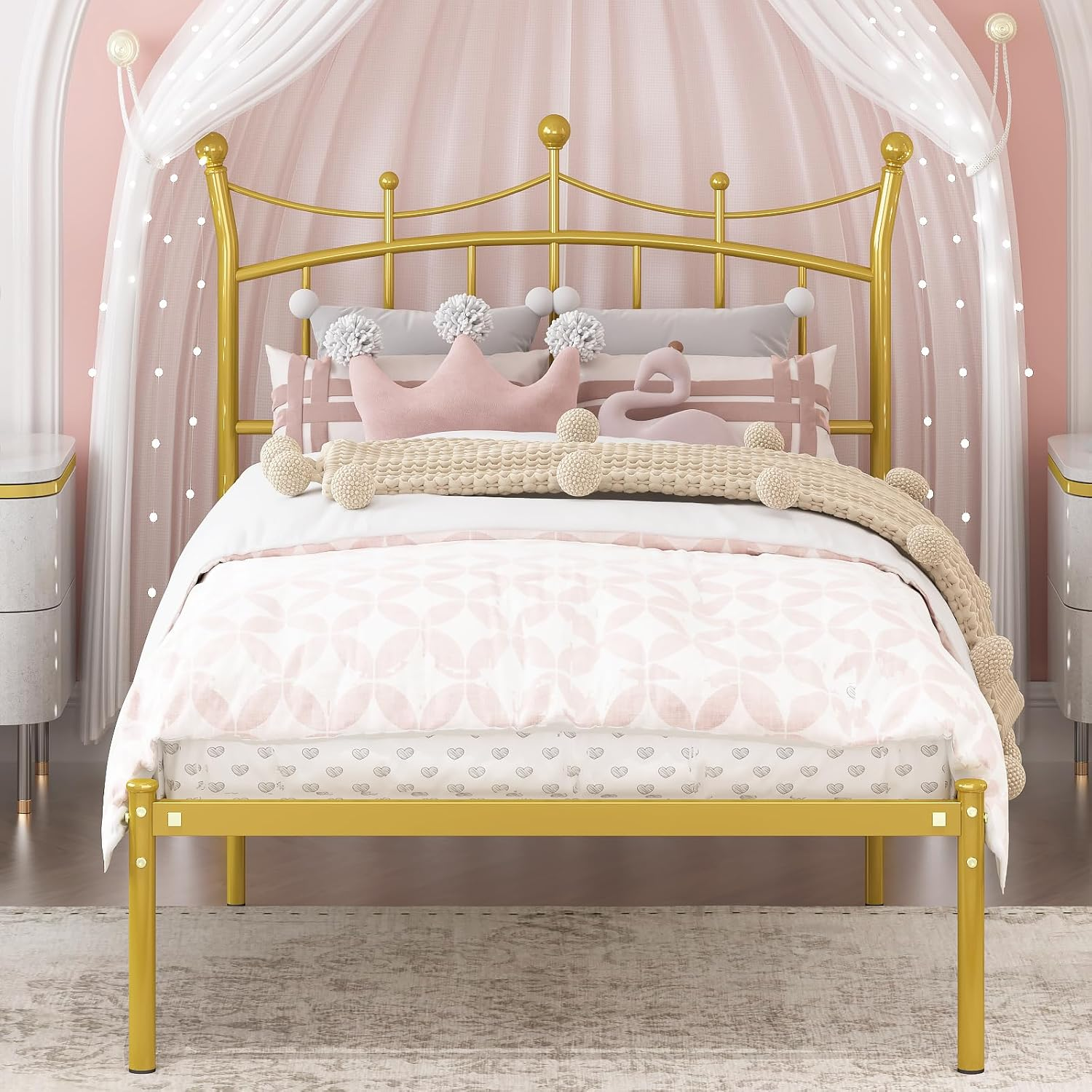 Gold Twin Bed Frame with Crown Headboard - Kids Storage Bed, No Box Spring Needed  -image