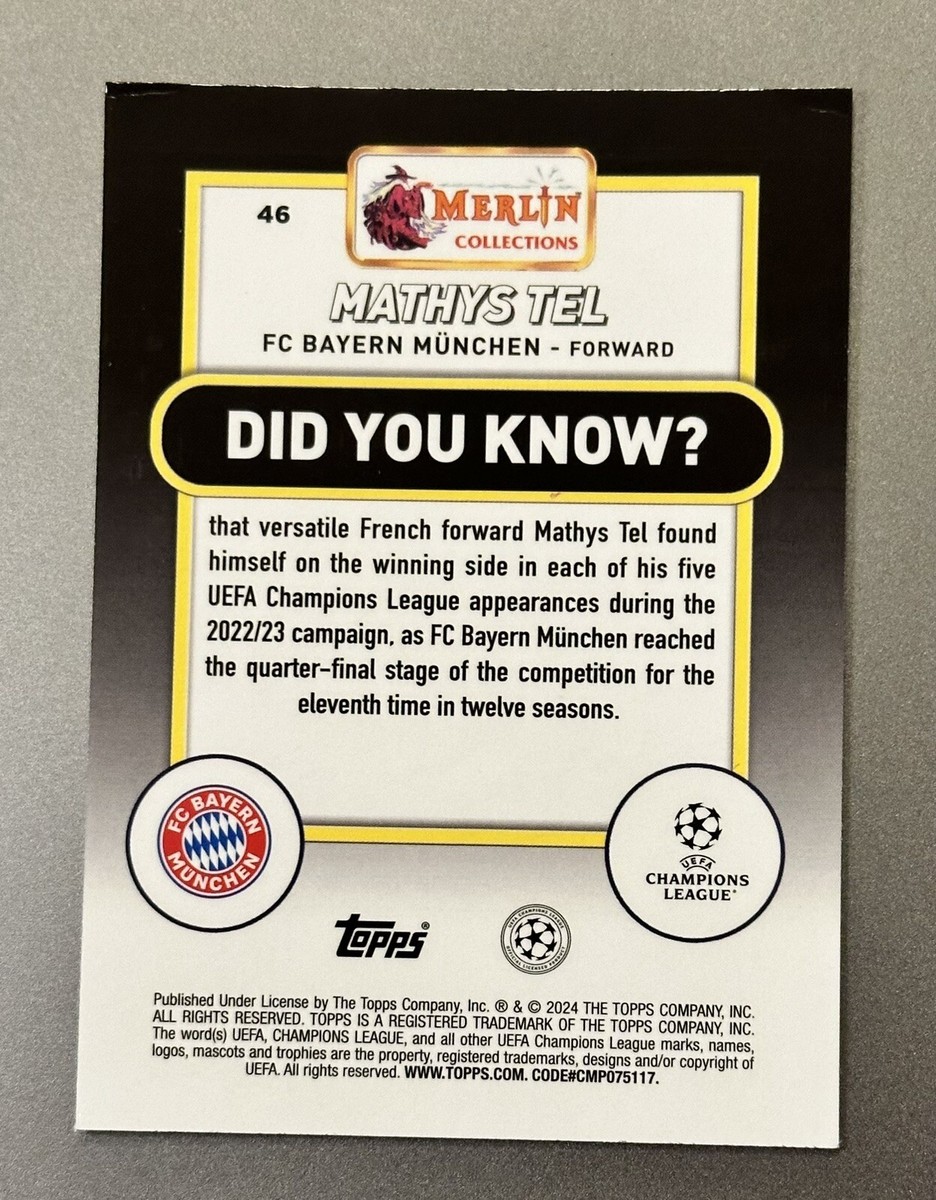 2023-24 Topps Merlin UEFA Mathys Tel #46 Gold Refractor 40 2023-24 Topps Merlin UEFA Mathys Tel #46 Gold Refractor 40