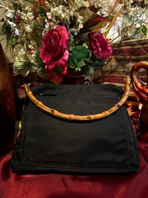 Authentic Black Gucci Bamboo And Nylon Tote Shoulder Bag Large