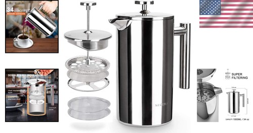 Luxus 34 Unzen French Press Kaffeemaschine - Langlebiger Stahl & Geschmacksverstärkende Siebe - Bild 2 von 9