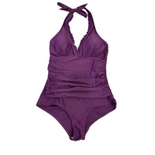 Ruffled V Neck One Piece Swimsuit Cranberry Purple Size S