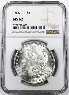 1892 CC MORGAN DOLLAR NGC MS62 WHITE FROSTY COIN RARE KEY DATE CC #C74905