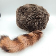 Faux Fur Coonskin Cap Davy Crockett Hat Medium Brown Tail Made in USA by J HATS