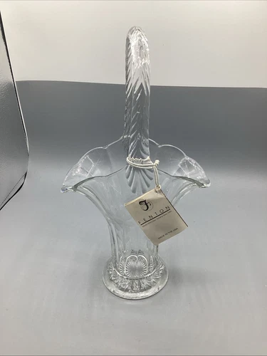 Vintage Fenton Etched Glass Basket Shaped Vase with Handle, Cut Flower Design