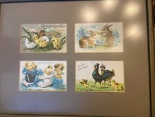 4 Vintage Framed Easter Postcards Rooster Farm Rabbit Chicks 14 x 18. 1908-1909