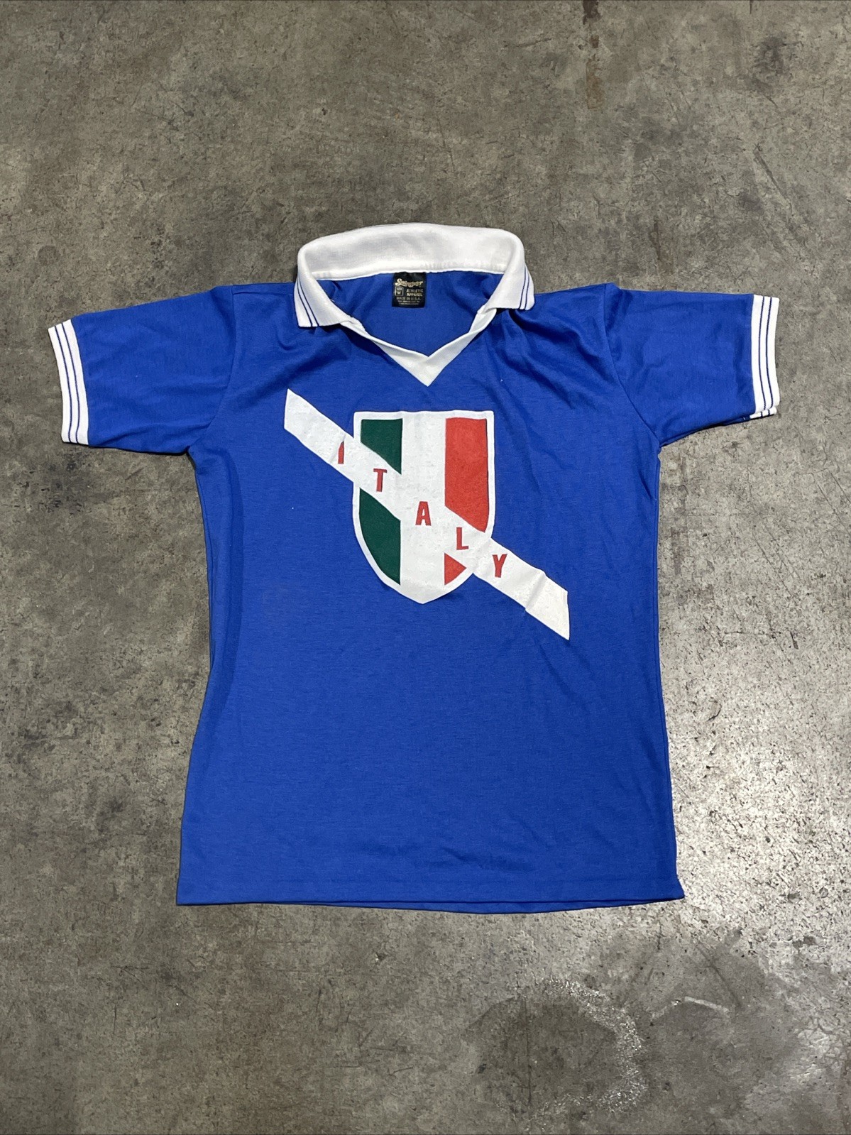VTG Italy Italia Shirt Medium Blue Soccer Raglan V Neck Short Sleeve Graphic