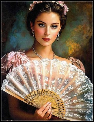 A Lady with a Big Fan 2 - Counted Cross Stitch Patterns - Color & BW Symbols
