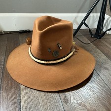 VINTAGE Barlesoni Felt Fedora Hat Tan Wide Brim Feather Band Men's Size 7 3/8
