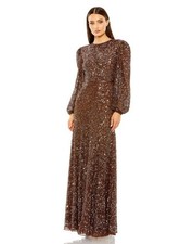 Mac Duggal Chocolate Brown High Neck Bishop Sleeve Embellished Gown Size 10 $798