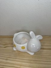 White Ceramic Bunny Egg Cup or Planter with Yellow Polka Dots