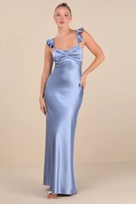 Lulus Exuberant Luxury Periwinkle Satin Ruffled Lace-Up Maxi Dress Medium NEW