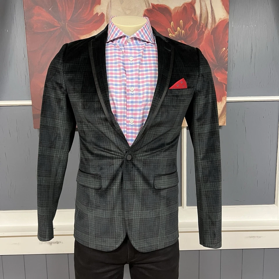 Chaqueta de comedor de terciopelo gris y cachemir para hombre 36R calce ajustado poliéster verde/negro Foto 2 de 4