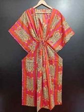 Indian Orange Tiger Printed Cotton Hippie Maxi Women Nightwear Caftan Dress