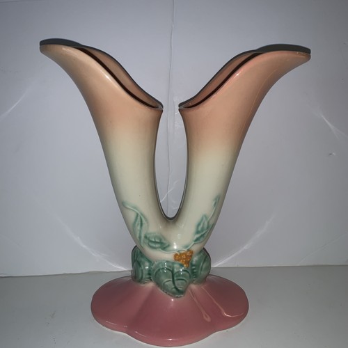 Rumpfkeramik 9"" Vintage Wonderland Doppel Füllhorn Vase W-15 Pfirsich/rosa Ombré EUC - Bild 3 von 12