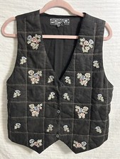 Vtg. AGAPO Women's Button Vest Black Floral Embroidery Cottage Core Size L