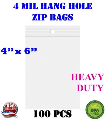 100 - 4'' x 6'' Zip Seal Reclosable 4Mil Top Lock Bags Hang Hole Heavy Duty