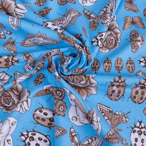 Retro Bugs & Butterfly Blue Stretch Jersey Fabric - Picture 2 of 3