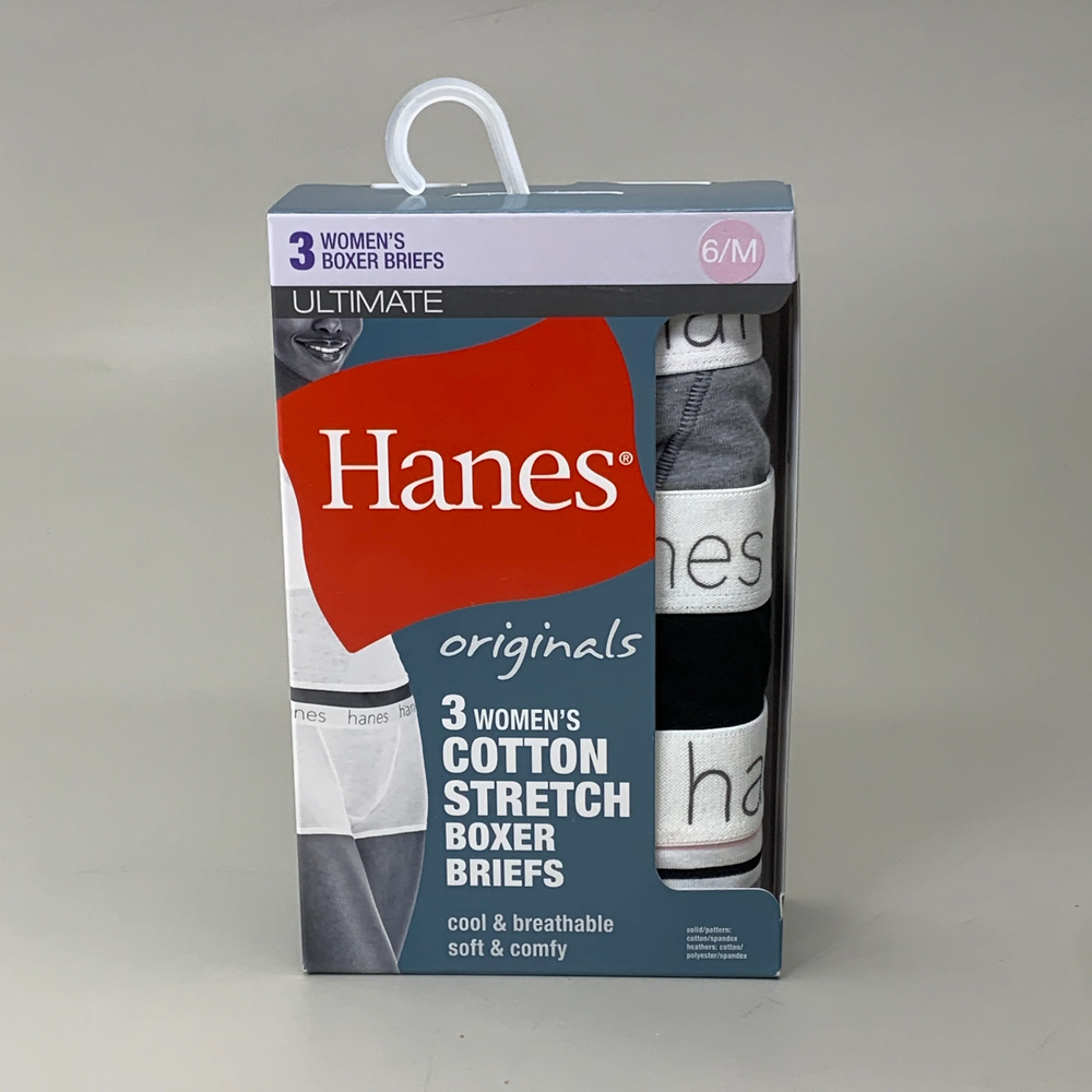 Hanes 3-Pack Women's Cotton Boxer Briefs Underwear M Black Heather  
