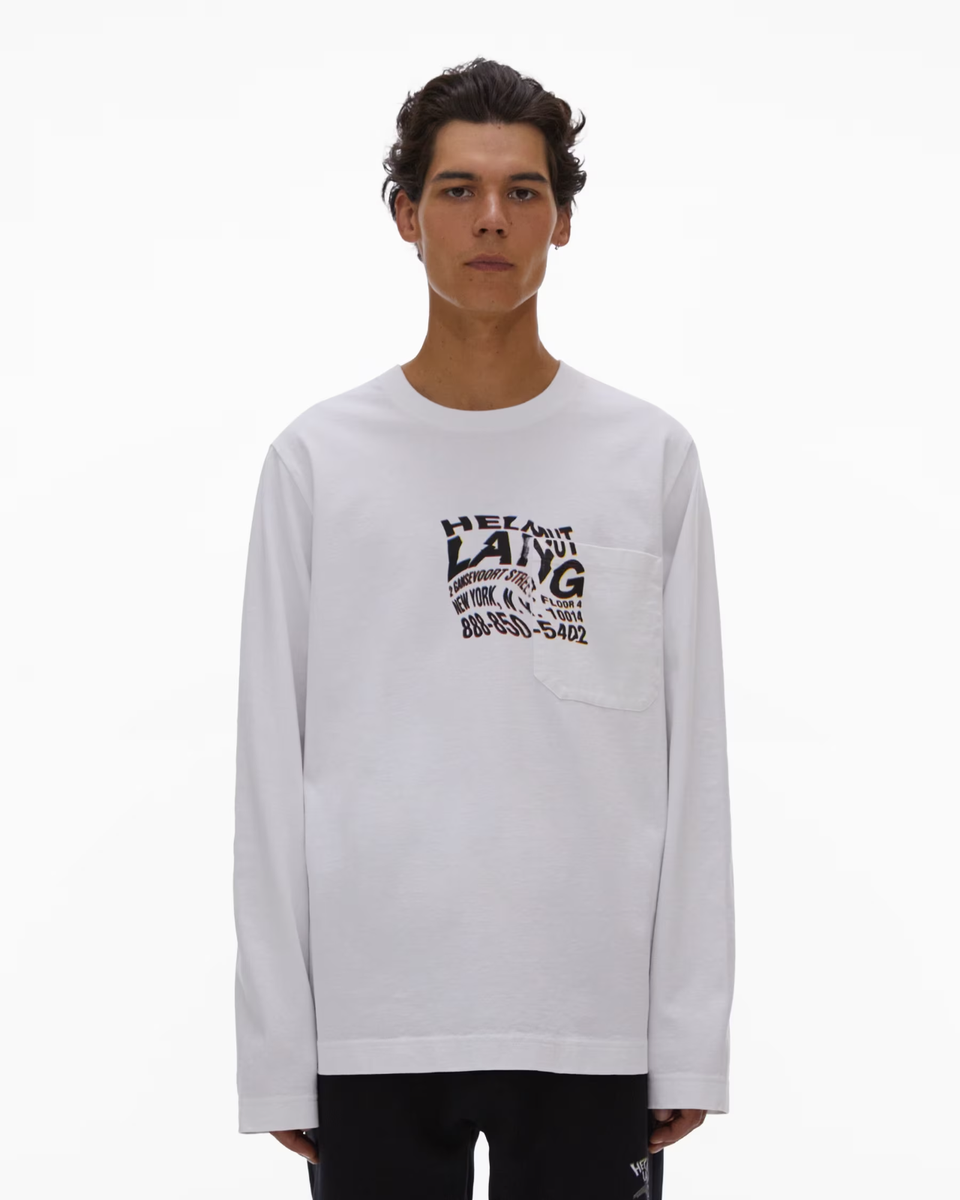 Helmut Lang Men's Warped Logo White Long Sleeve T-Shirt Helmut Lang Men's Warped Logo White Long Sleeve T-Shirt