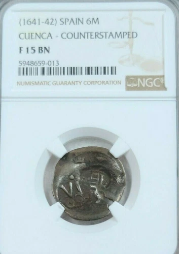 1641-42 SPAIN 6 MARAVEDIS CUENCA COUNTERSTAMPED NGC F 15 BN RARE TOP POP 1