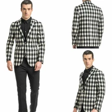 Black and White Check Mens Blazer Plaid Casual Business Slim Workwear Tuxedos