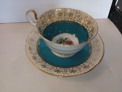 Rare Vtg Aynsley J A Bailey Floral Intricate Scroll Gold Gilding TeaCup & Saucer