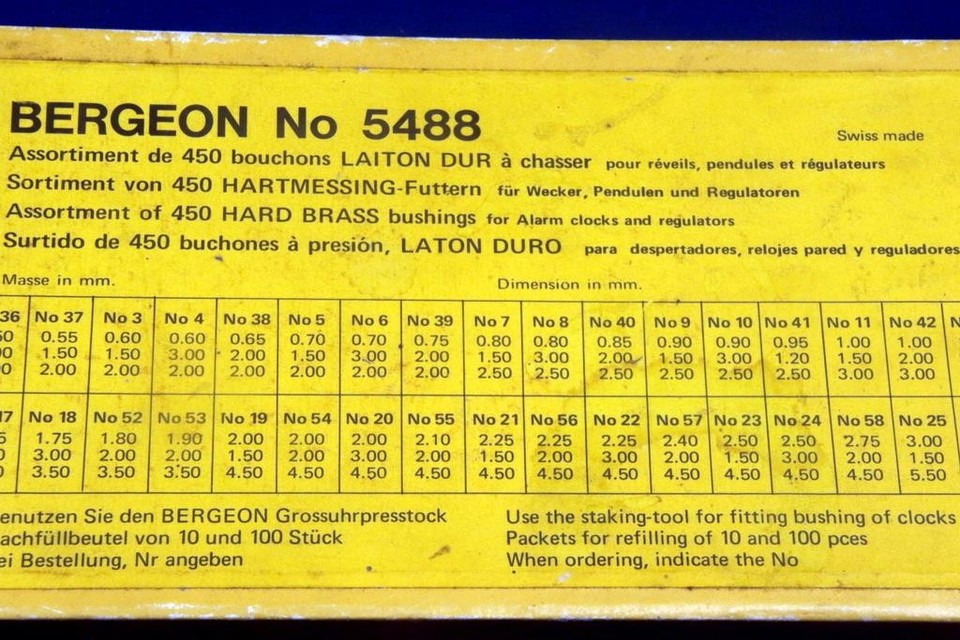 Assortiment De 450 Coussinets (Bushes) En Laiton Bergeon 5488 - Pour Réparation De Montres - Fabriqué En Suisse