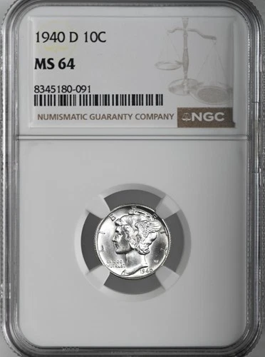 1940-D  10C  MERCURY SILVER DIME  "DENVER MINT"  NGC MS64 #8345180-091