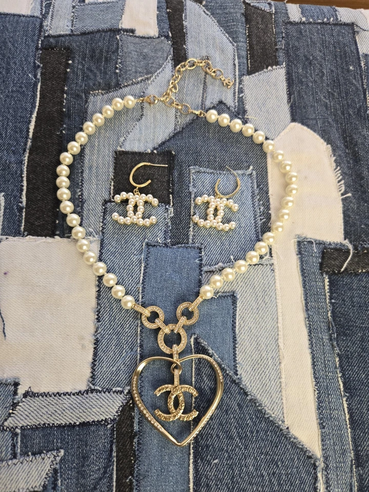 Pearl Designer Necklace w/ Heart Charm And Pearl Earrings Designer Set - Image 2 of 4