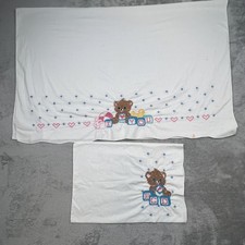Vintage Baby Pillowcase Sheet Set Embroidered Bear Bunny Duck Hearts 36x44 Nurse