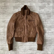 Y2k Oasis Leather Biker Jacket Camel Tan Bomber Zip Up Ribbed Neck Pockets 8-10