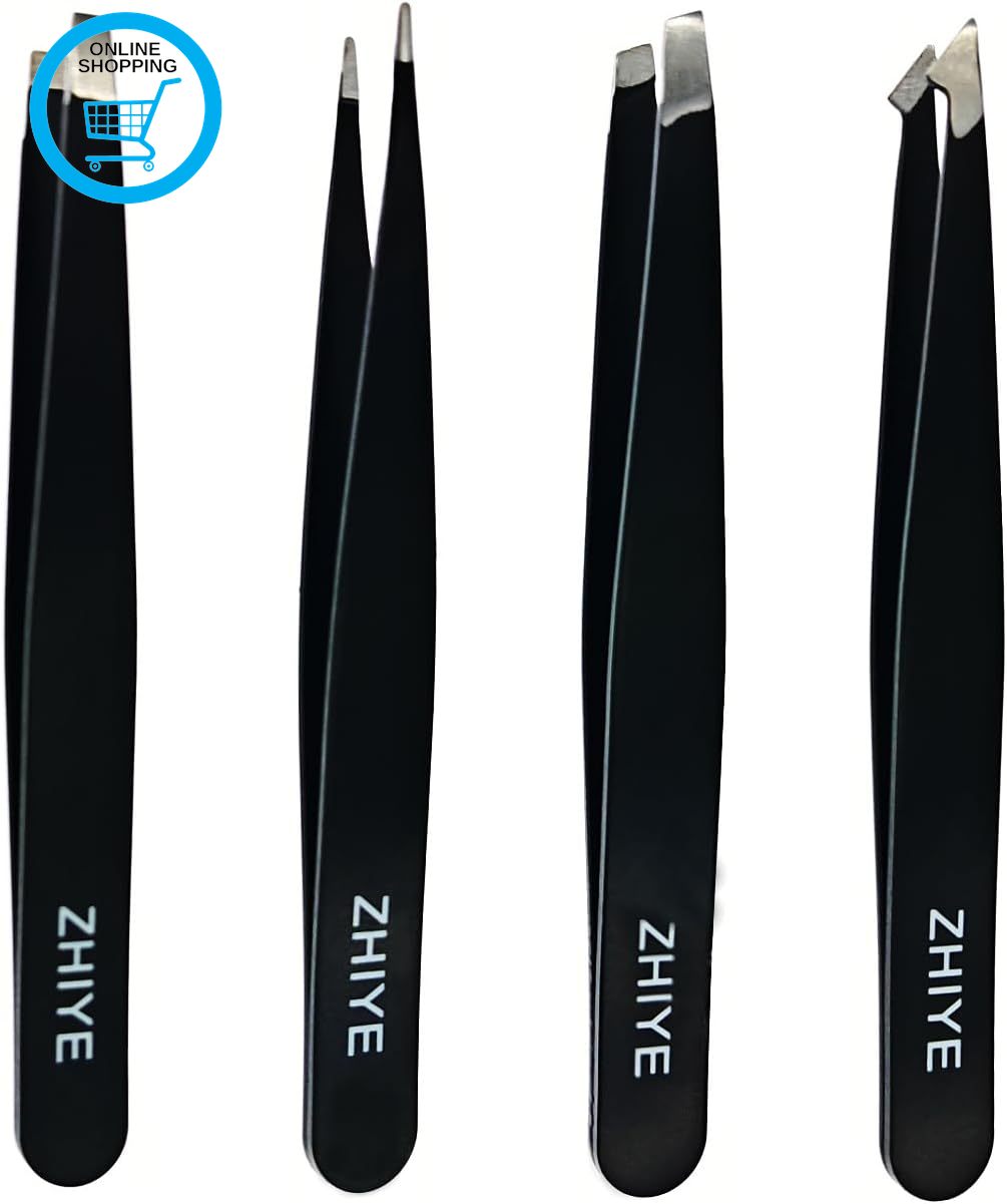 Professional Eyebrow Tweezers, 4 Pcs Stainless Steel Precision Tweezers Set for