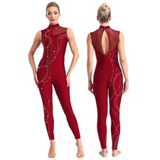 Women's Rhinestone Sleeveless Skating Jumpsuit Gymnastics Leotards Bodysuit