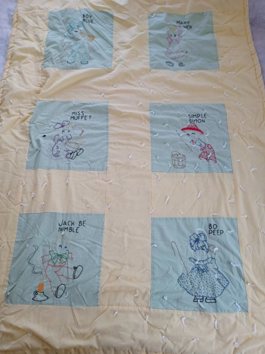 Vintage Handmade Baby Quilt. Yellow And Green Embroidery Fairy Tale Characters