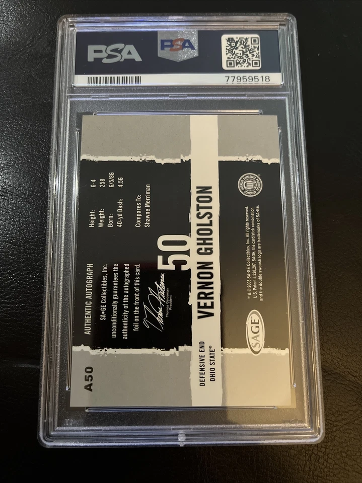 2008 SAGE Hit - Autographs Gold #A50 Vernon Gholston /250 (AU, RC) PSA Mint 9 - Image 3 of 3