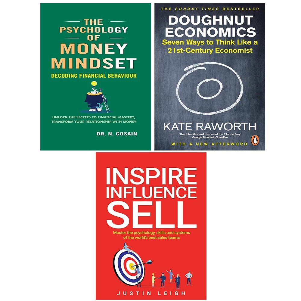 Doughnut Economics, Inspire Influence Sell,Psychology of Money Mindset 3 Books