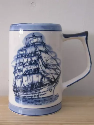 Royal Delft Hand Painted Blue & White 16 oz Tall Ship Beer or Coffee Mug
