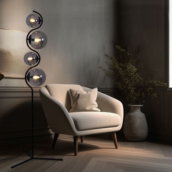 Stehlampe Stehleuchte Wohnzimmerlampe Glaskugel Rauch 4 Flammig Schwarz H 160 Cm-image